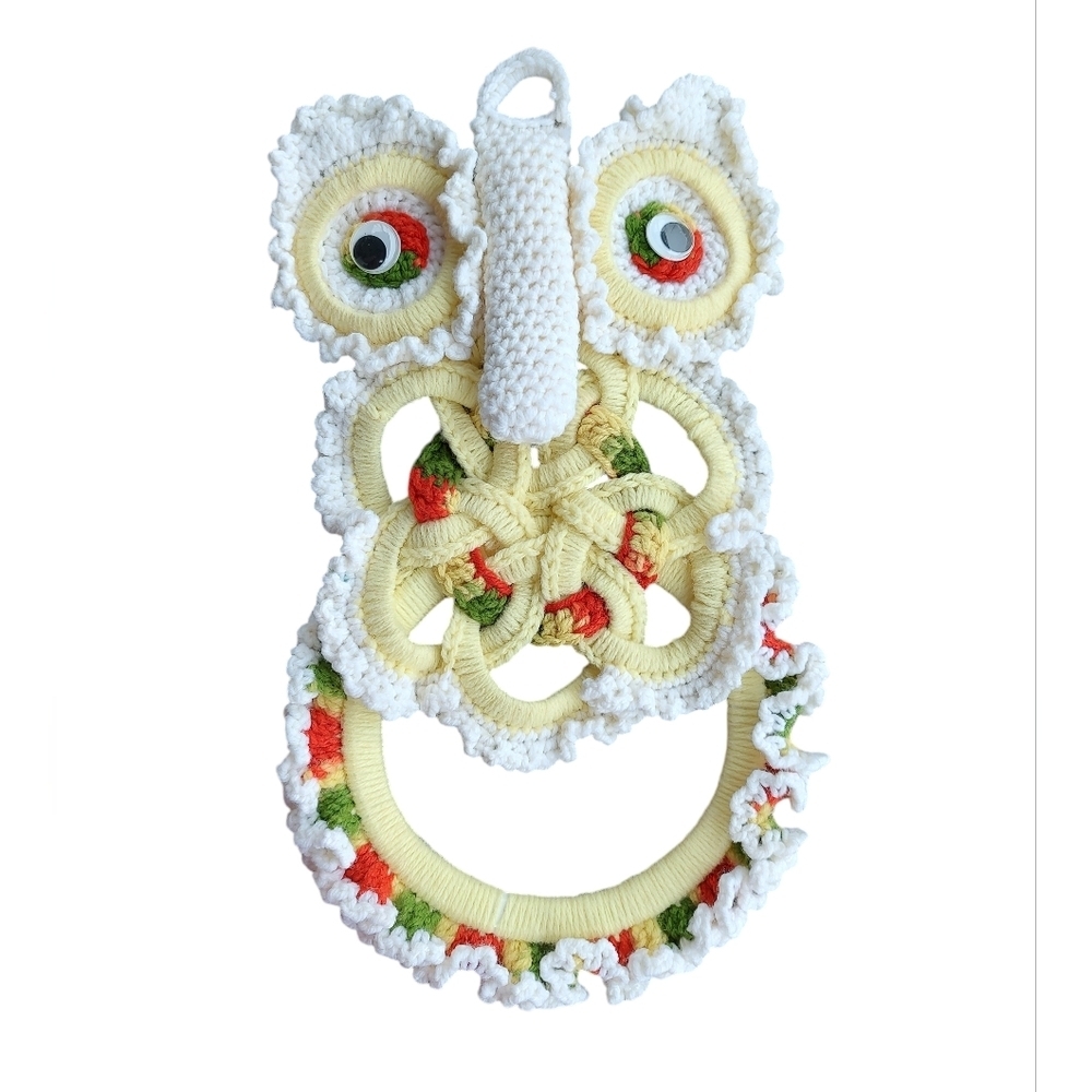 Vintage 70s Poppy Red And Butter Yellow Owl Crochet Towel Holder